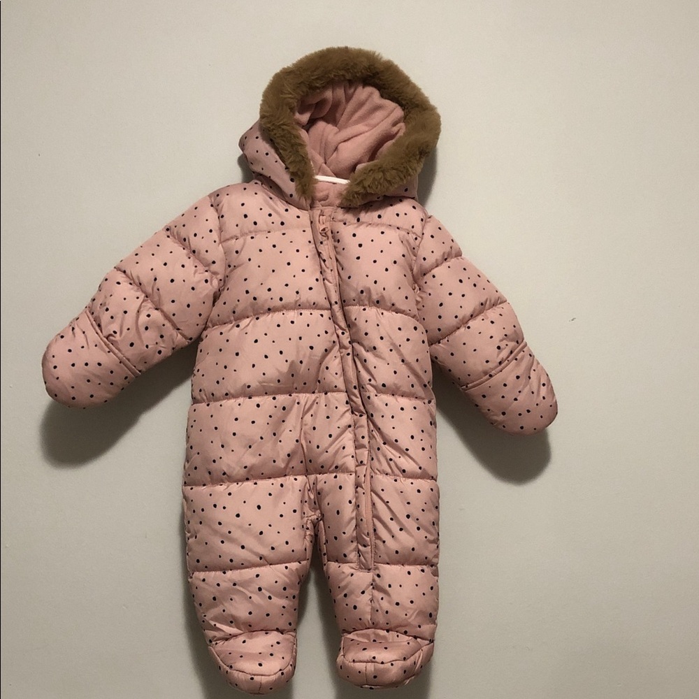George Snow suit Pink Polka Dot Puffer Footie with Brown Faux Fur Hood